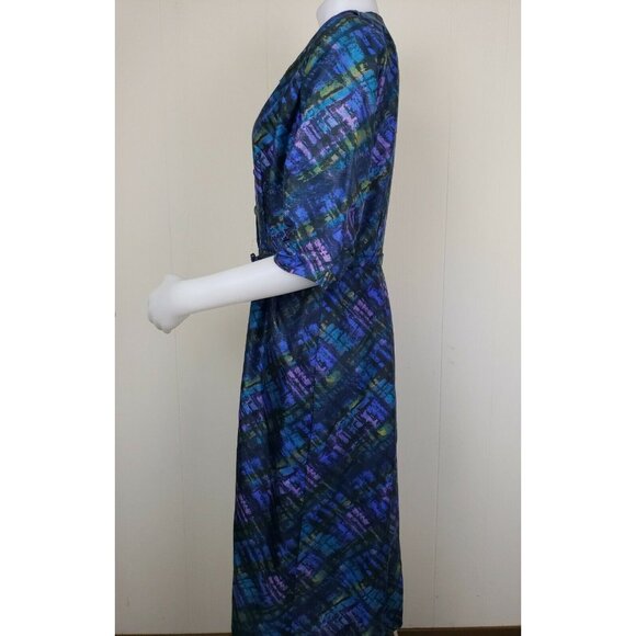 Vintage Wiggle Dress Sz 16 Belted Pin Up Brutalist Peacock Blue Jeweled Collar - Picture 11 of 16